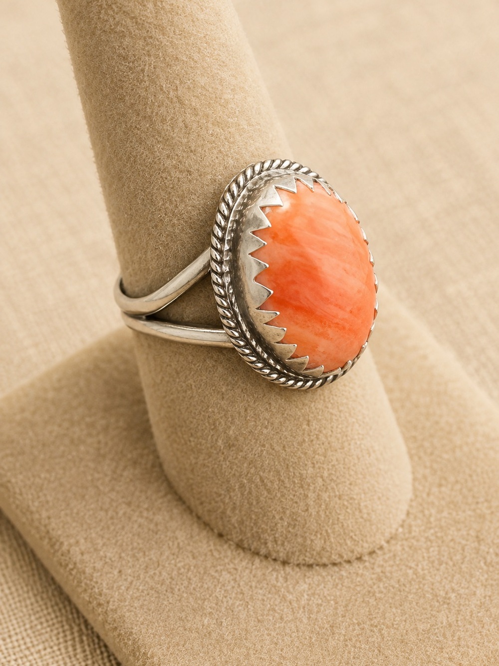 Natural Orange Spiny Oyster Sawtooth Rope Split Shank Ring 925 Silver NEW 8 #677